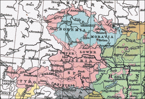 Cartes de l'Autriche-Hongrie en 1911 montrant la répartition des nationalités dans l'ancien empire et la présence majoritaire des Allemands (en rose) sur le pourtour de la Bohême.